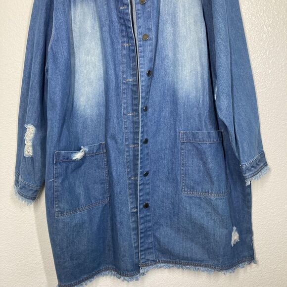 Taxi Denim Jacket Womens 3X Blue Distressed Longline Button Front Jean Coat - Picture 6 of 16